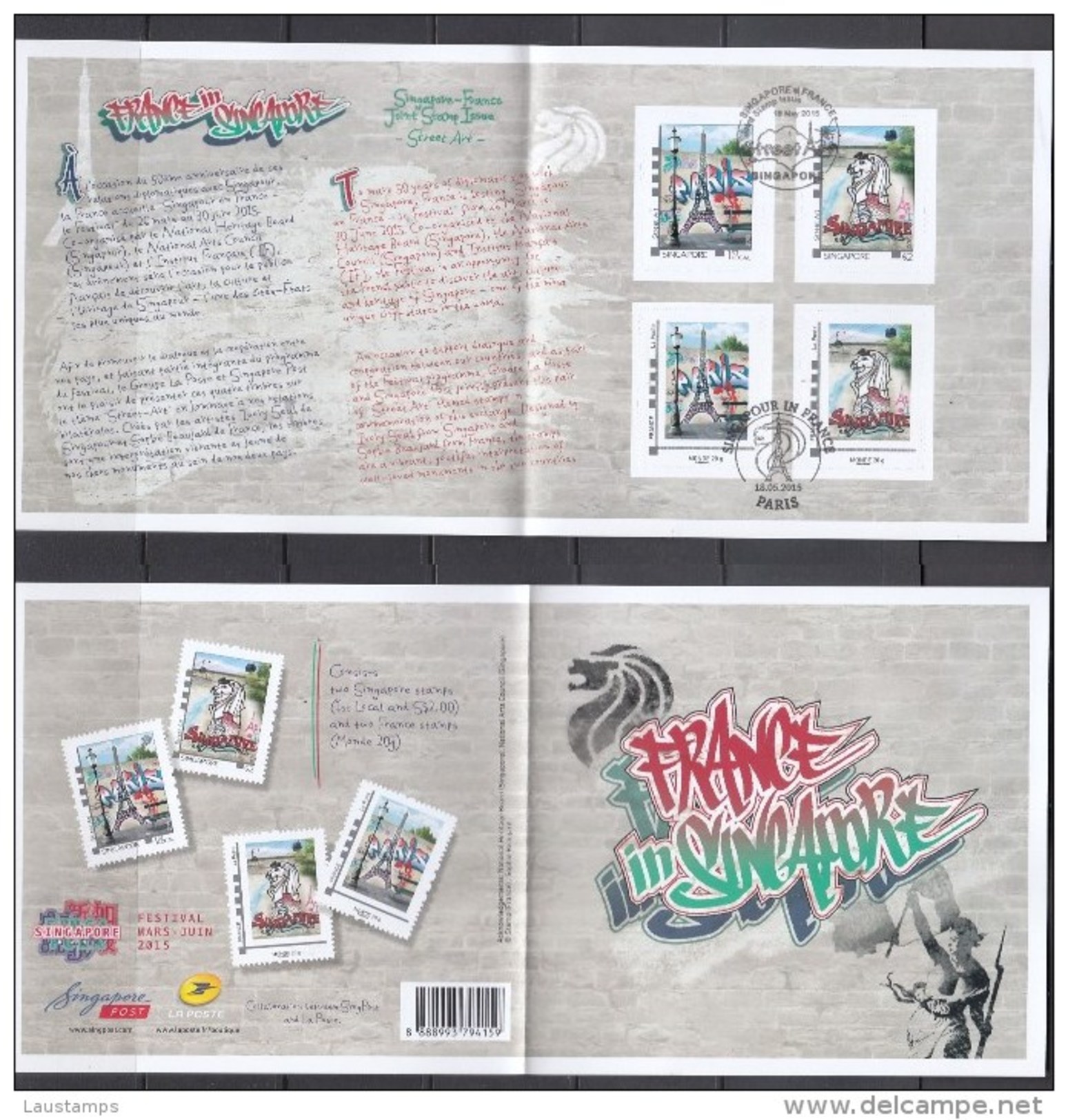 Singapore France 2015 Joint Issue, Street Art Special Folder With Self-Adhesive Stamps, First Day Cancelled - Gemeinschaftsausgaben