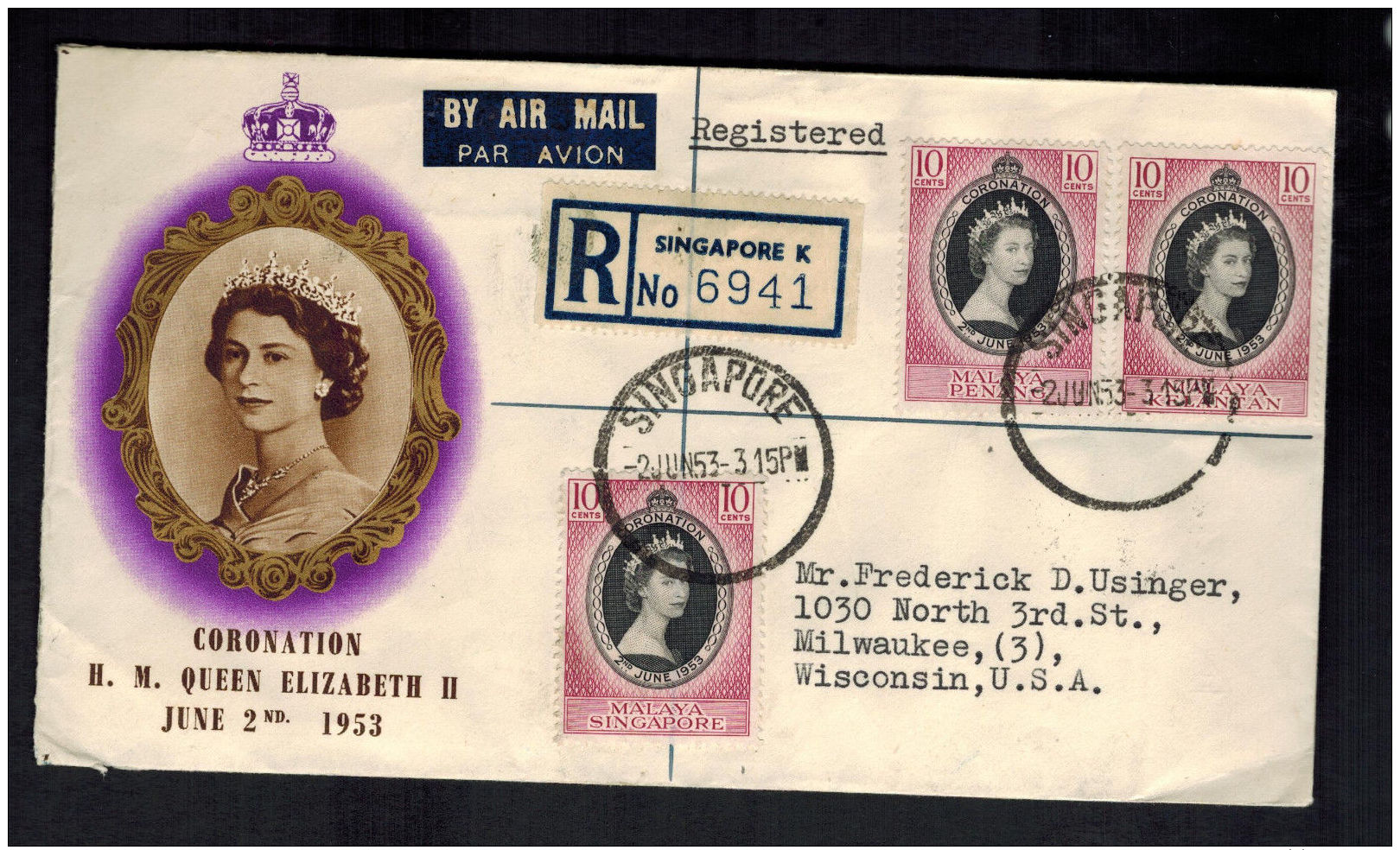 1953 Malaya Coronation To USA First Day Cover Queen Elizabeth II QE2 See Back! - Other & Unclassified