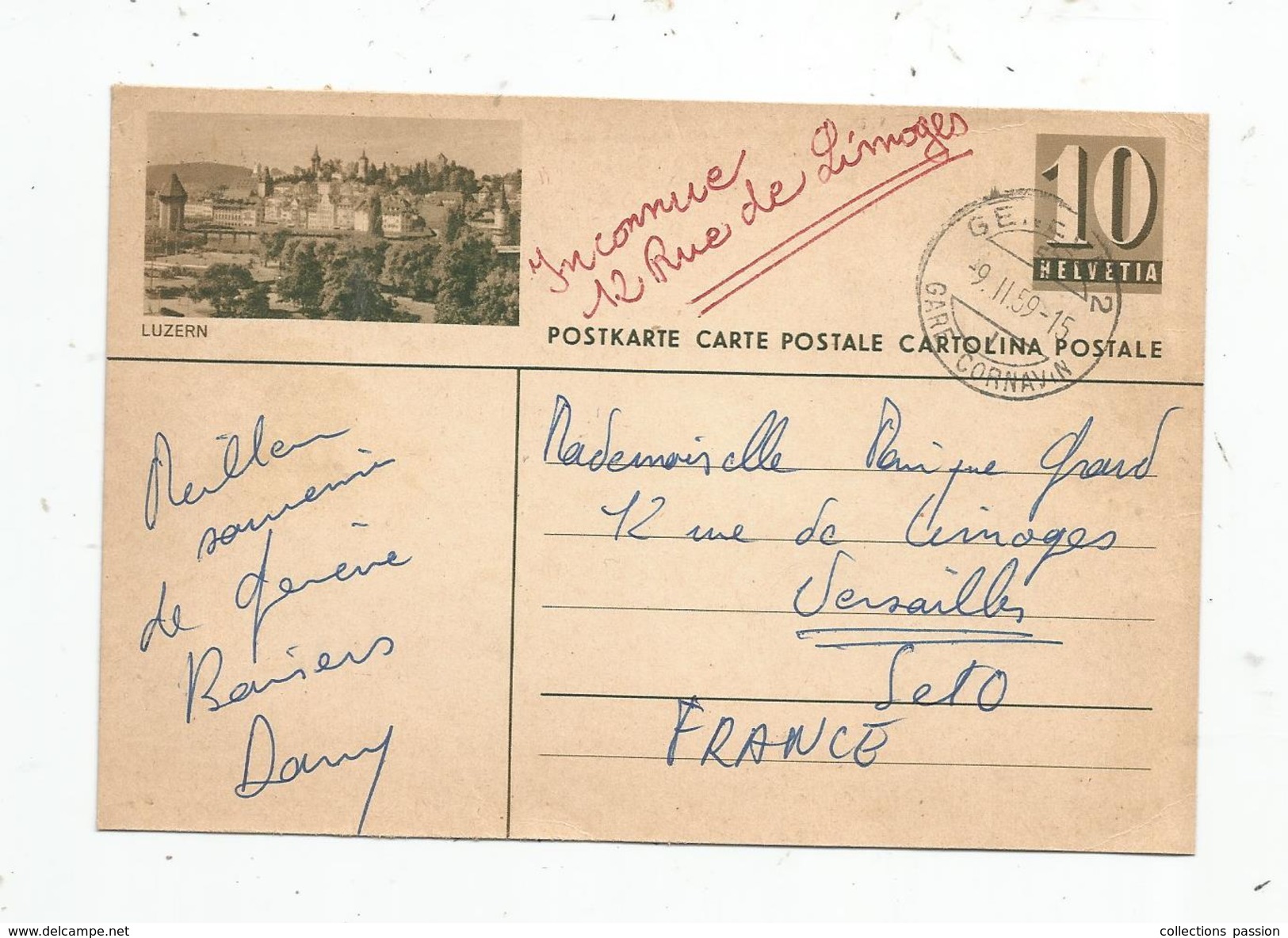 Entier Postal , Suisse , GENEVE , Gare Cornavin , 19159 , Photo Luzern , à Versailles R.P , 2 Scans - Ganzsachen