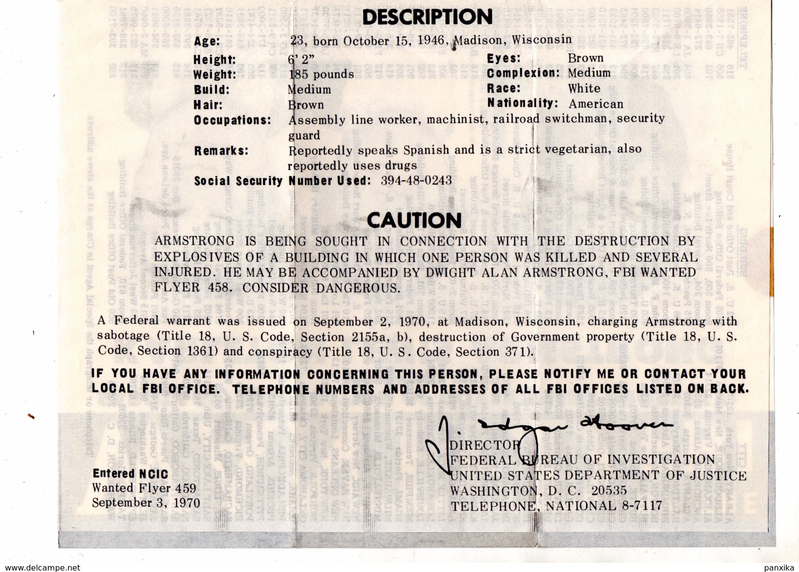 Federal Bureau Of Investigation.Wanted By The F.B.I.Karleton Lewis Armstrong.Sabotage,Destruction,conspiracy.1970. - Police - Gendarmerie