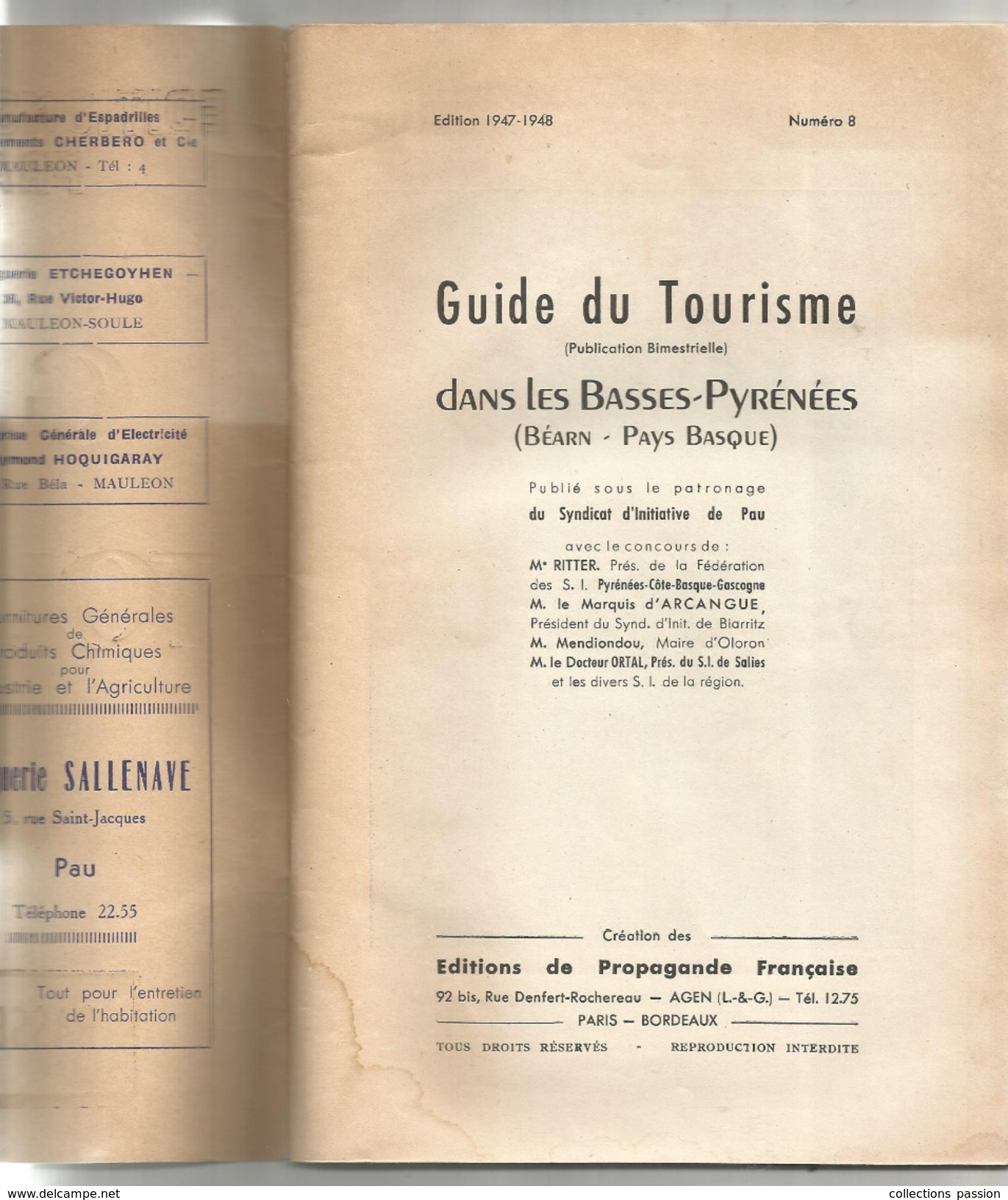 GUIDE DU TOURISME, Editions De Propagande Française ,BASSES PYRENEES, 1947, 42 Pages  , Frais Fr : 2.70 Euros - Tourisme