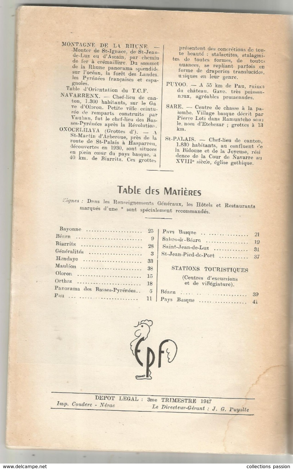 GUIDE DU TOURISME, Editions De Propagande Française ,BASSES PYRENEES, 1947, 42 Pages  , Frais Fr : 2.70 Euros - Tourisme