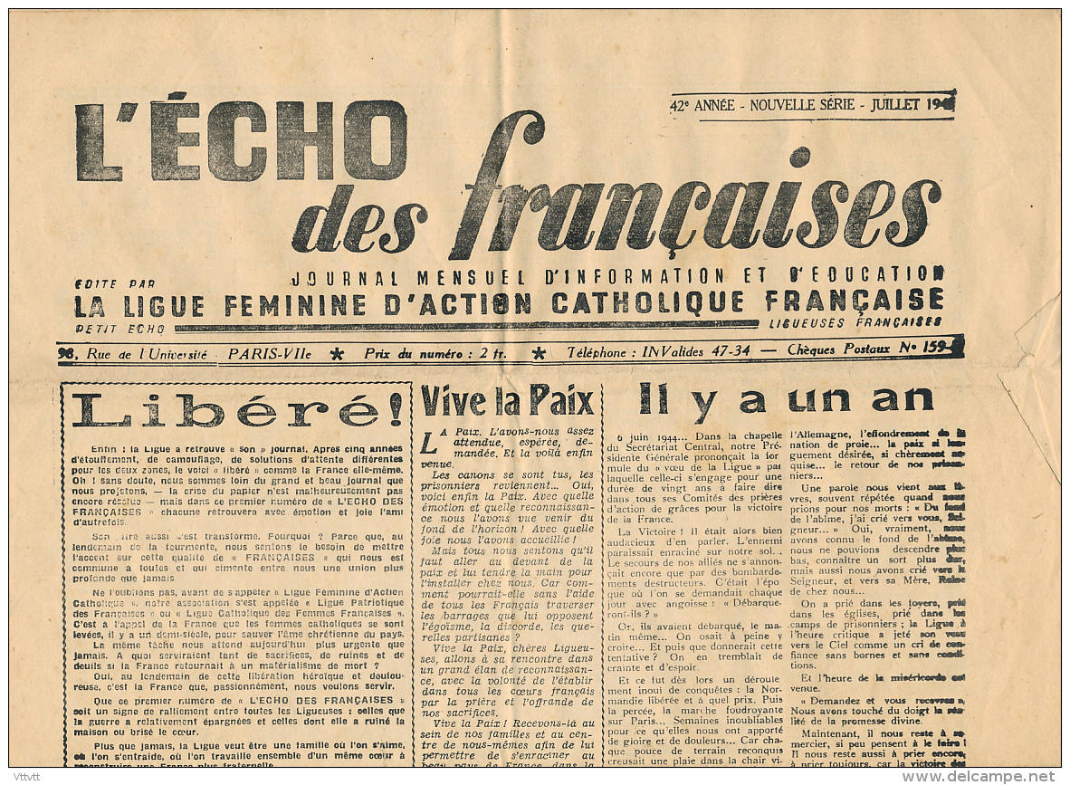 L'ECHO DES FRANCAISES (juillet 194?), Ligue Féminine D'action Catholique Française, Mensuel D'information Et D'éducation - General Issues