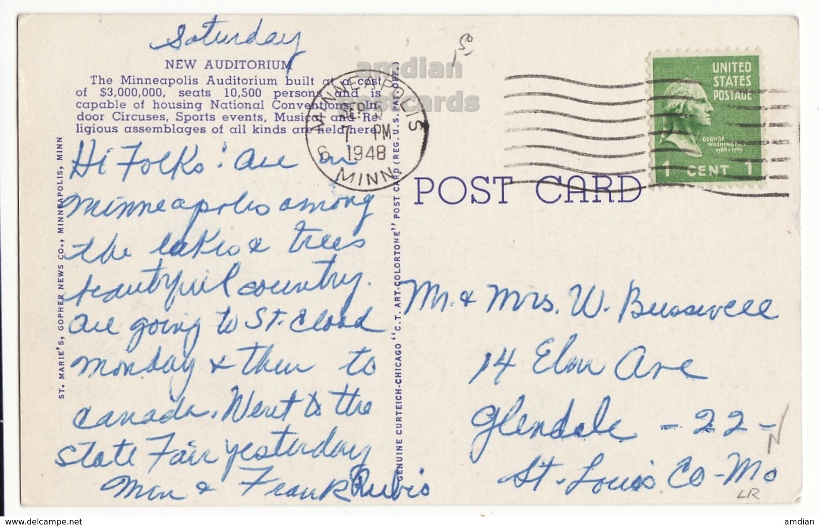 USA, Minneapolis MN, New Auditorium Building, C1948 Vintage Linen Minnesota Postcard - Minneapolis