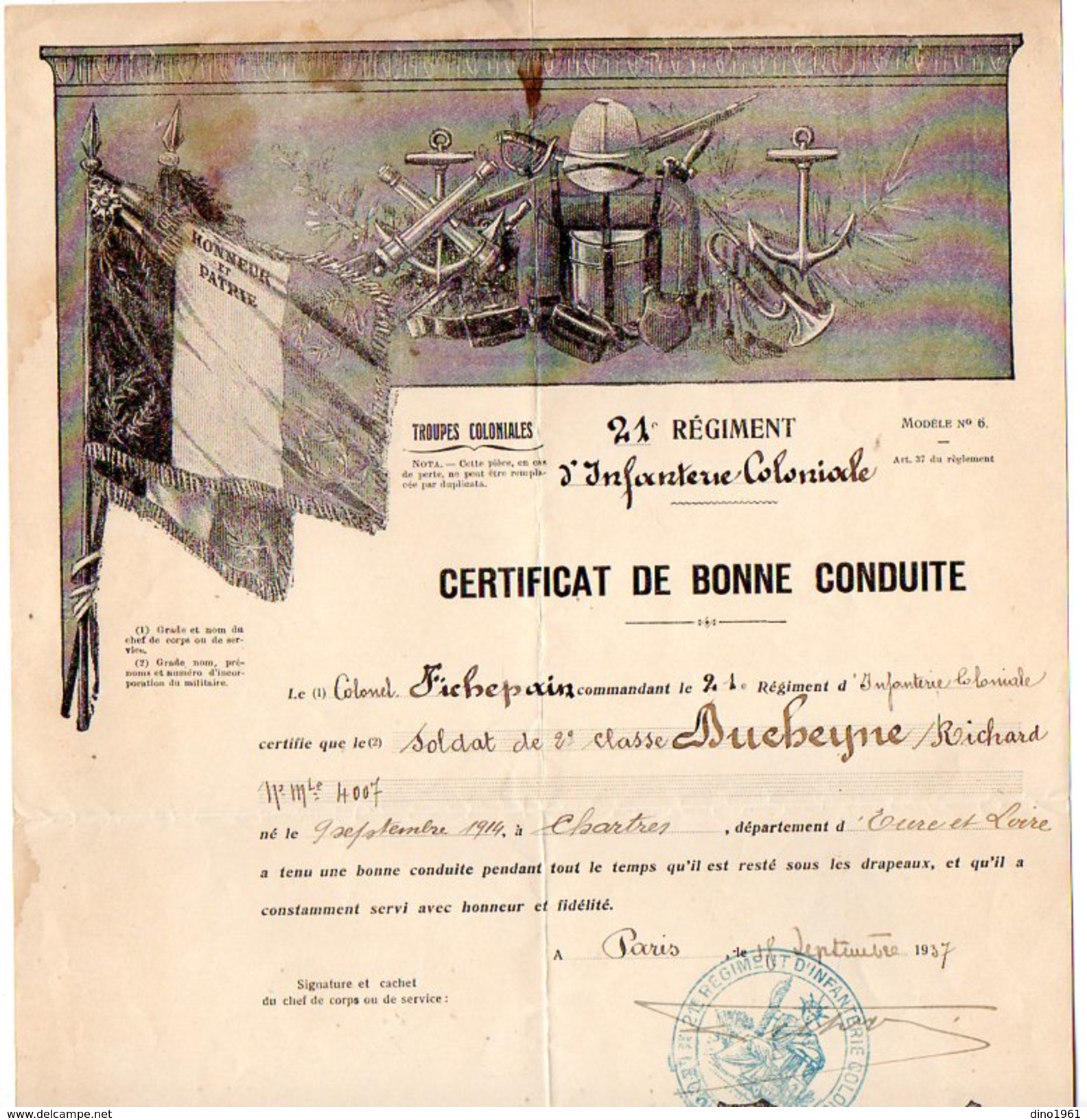 VP10.228 - PARIS - Certificat De Bonne Conduite De Mr DUCHEYNE Né à CHARTRES Au 21ème Rgt D'Infanterie Coloniale - Dokumente