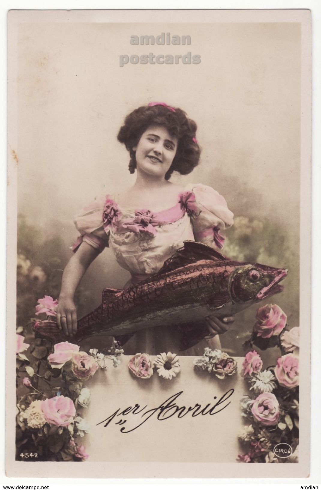 Well Dressed Retro Beauty Woman April Fools Day Fish 1910s Retro Vintage Tinted Real Photo Postcard - Fashion