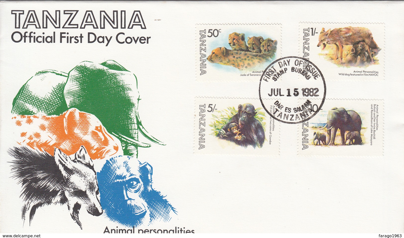 1982 Tanzania Mammal Personalities Cheetah Elephants Chimpanzees  First Day Cover - Tanzania (1964-...)