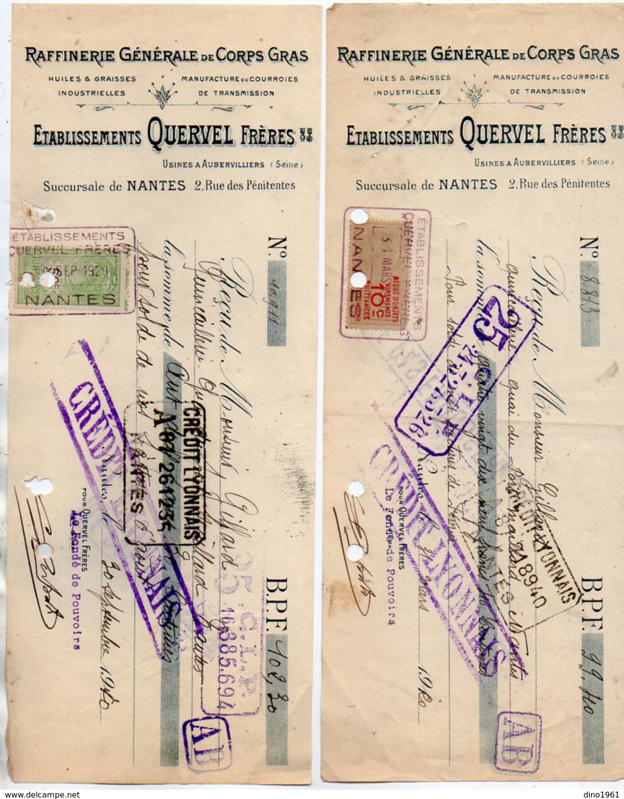 VP10.230 - 2 Lettres De Change - Raffinerie Générale  - Etablissements QUERVEL Frères à NANTES Usine à AUBERVILLIERS - Bills Of Exchange