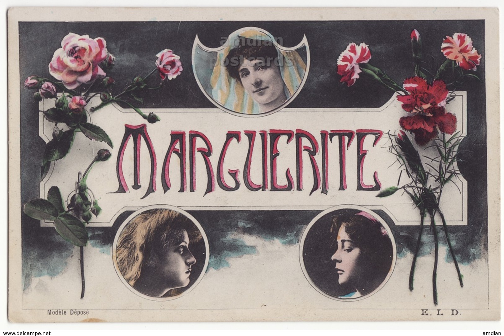 MARGUERITE - MARGARET Name C1910s Retro Vintage Tinted French Greetings Postcard - Frauen