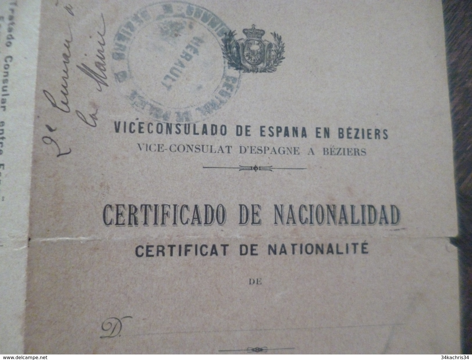 Vice Consulat D'Espagne à Béziers Certifcat De Nationalité Viceconsulado De Espana Bilingue 1919 - Documenti Storici