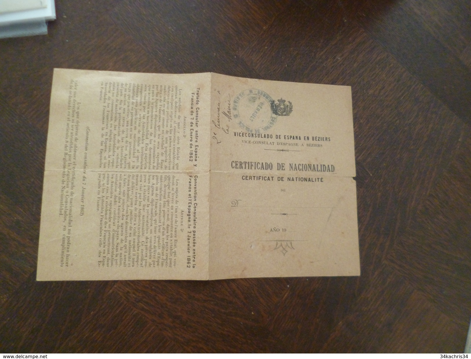 Vice Consulat D'Espagne à Béziers Certifcat De Nationalité Viceconsulado De Espana Bilingue 1919 - Documenti Storici