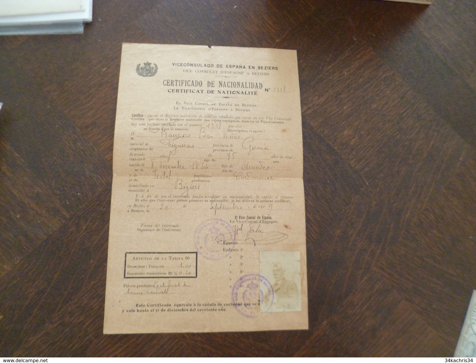 Vice Consulat D'Espagne à Béziers Certifcat De Nationalité Viceconsulado De Espana Bilingue 1919 - Documenti Storici