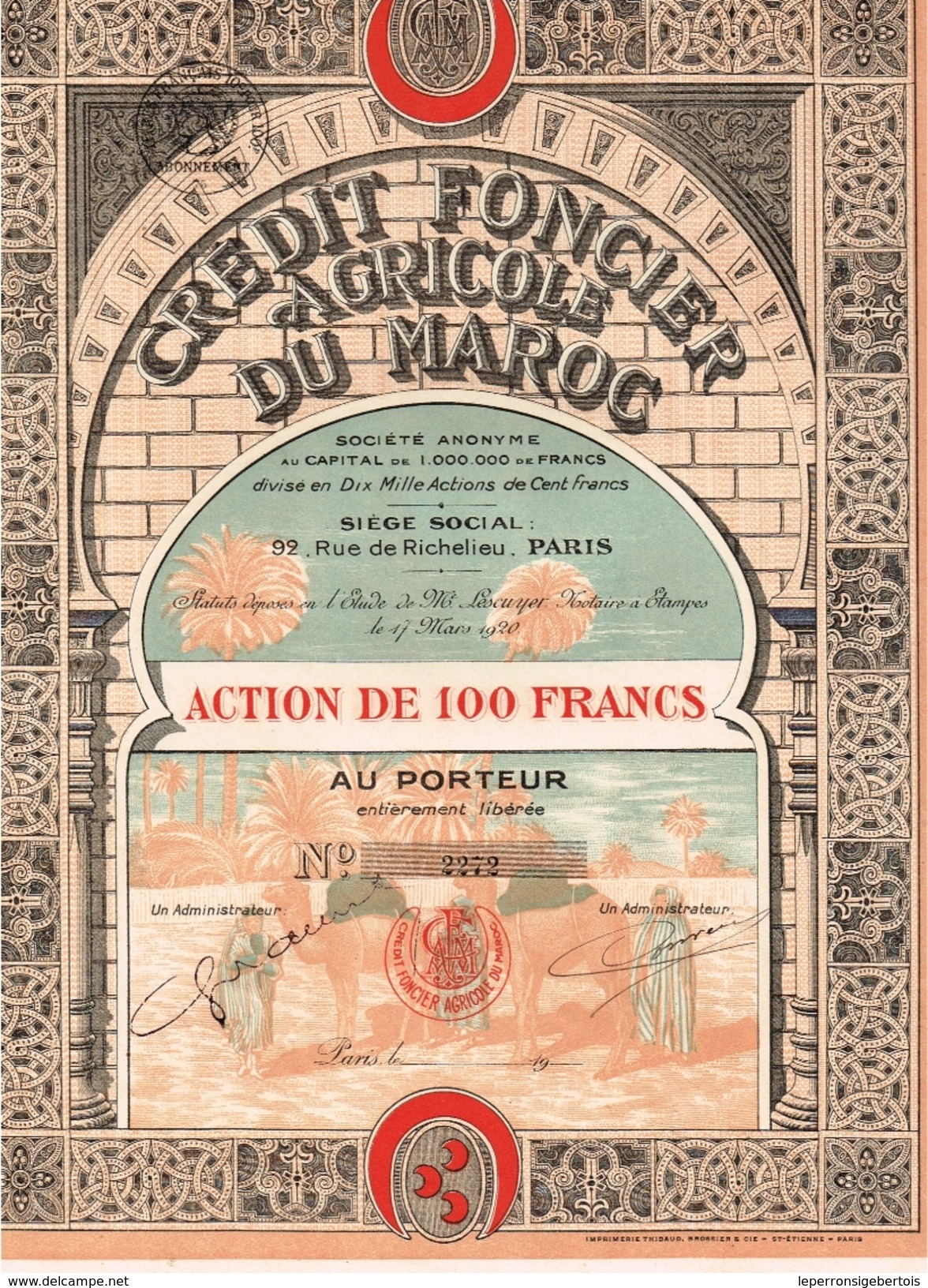 Action Ancienne - Crédit Foncier Agricole Du Maroc - Titre De 1920 - Banque & Assurance