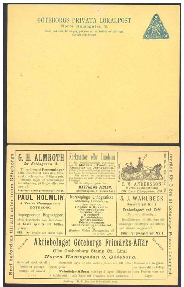 SUEDE, Entier Postal, Enveloppe  Type: POSTE LOCAL, GOTEBORG 1888/cheval*/timbre/pain/cafe/imprimerie/golf - Ganzsachen