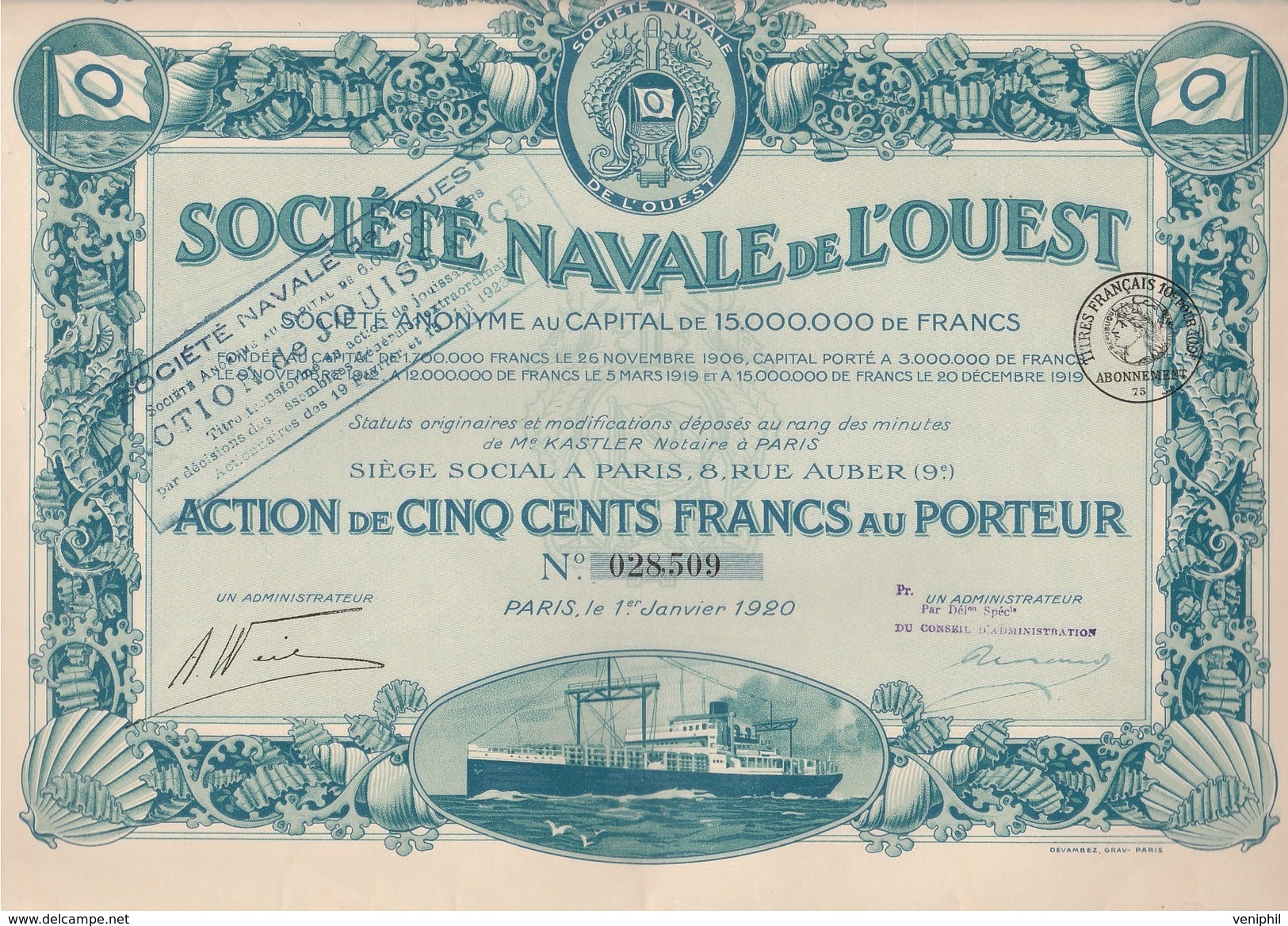 SOCIETE NAVALE DE L'OUEST -ACTION ILLUSTREE DE 500 FRANCS -ANNEE 1920 - Navigation