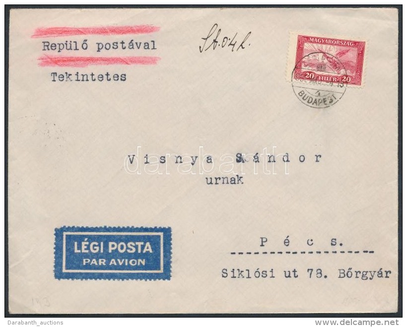 1930 Rep&uuml;lÅ‘ 20f Belf&ouml;ldi L&eacute;gi Lev&eacute;len / Domestic Airmail Cover - Otros & Sin Clasificación