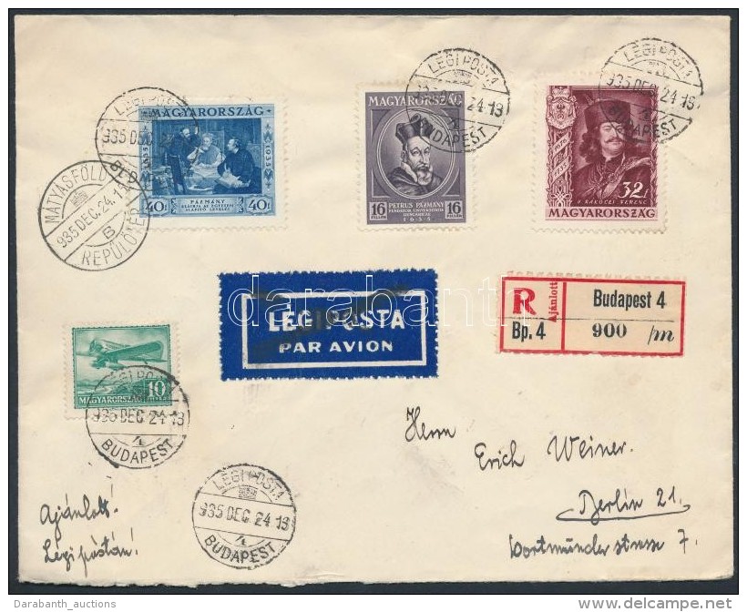 1935 Aj&aacute;nlott L&eacute;gi Lev&eacute;l Berlinbe / Registered Airmail Cover To Berlin - Altri & Non Classificati