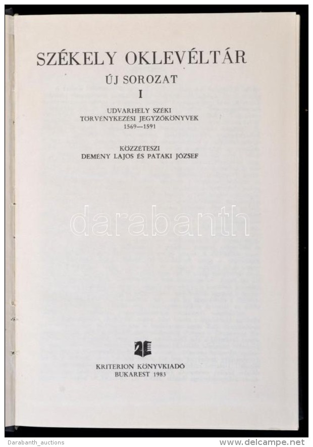 Sz&eacute;kely Oklev&eacute;lt&aacute;r. &Uacute;j Sorozat. I. K&ouml;tet. Udvarhely Sz&eacute;ki... - Sin Clasificación