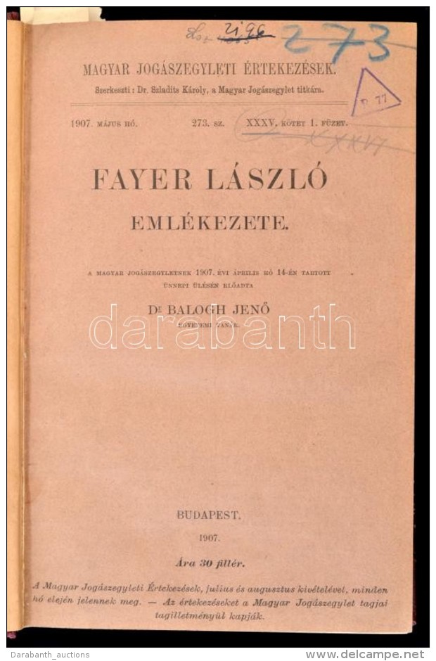 Magyar Jog&aacute;szegyleti &Eacute;rtekez&eacute;sek 273-276 Sz. XXXV. K&ouml;tet 1.-4. F&uuml;zet. 1. F&uuml;zet:... - Non Classificati