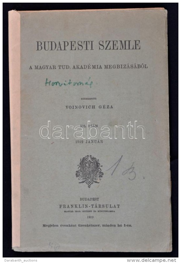 1919 Budapesti Szemle. 1919 Janu&aacute;r, 505. Sz&aacute;m. Szerk.: Voinovich G&eacute;za. Bp.,... - Non Classificati