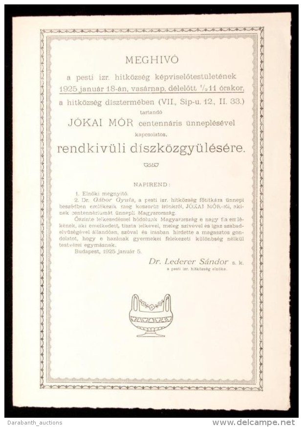 1925 Megh&iacute;v&oacute; A Pesti Izraelita Hitk&ouml;zs&eacute;g J&oacute;kai &uuml;nnep&eacute;re - Andere & Zonder Classificatie