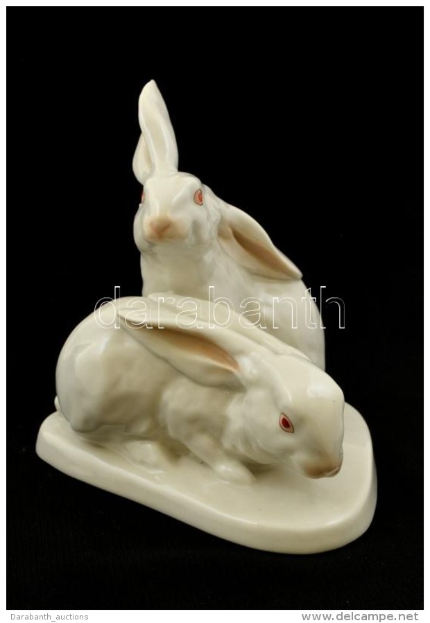 Herendi Porcel&aacute;n Nyuszip&aacute;r, K&eacute;zzel Festett, Jelzett, Hib&aacute;tlan, 13x12 Cm - Autres & Non Classés