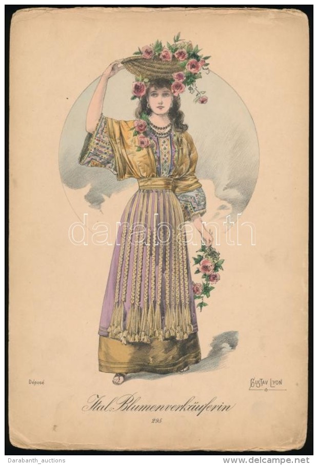 Cca 1860 Olasz Vir&aacute;g&aacute;rus L&aacute;ny Litogr&aacute;fia /  Italian Flower Seller Girl , Lithography... - Prenten & Gravure