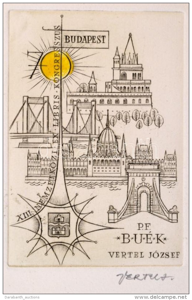 Vertel J&oacute;zsef (1922-1993): Ex Libris Budapest. R&eacute;zkarc, Pap&iacute;r, Jelzett, 7&times;5 Cm. - Otros & Sin Clasificación