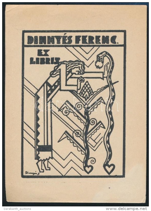 Dinny&eacute;s Ferenc (1886-1958): Art Deco Ex Libris. Fametszet, Pap&iacute;r, Jelzett A D&uacute;con, 11&times;8... - Altri & Non Classificati