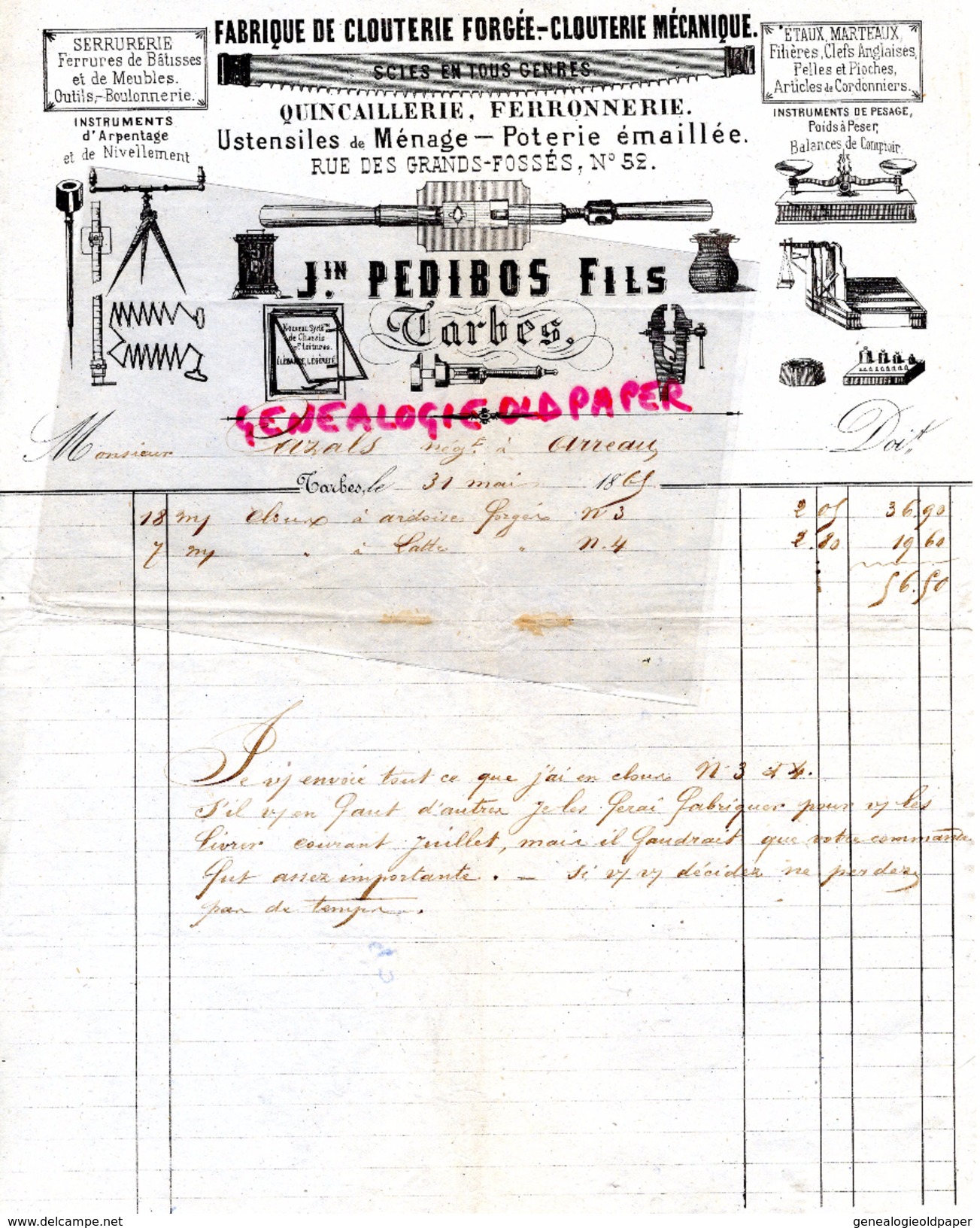 65 - TARBES- FACTURE J. PEDIBOS FILS-FABRIQUE CLOUTERIE FORGEE-FERRONNERIE-QUINCAILLERIE-POTERIE EMAIL- 1865 - Petits Métiers