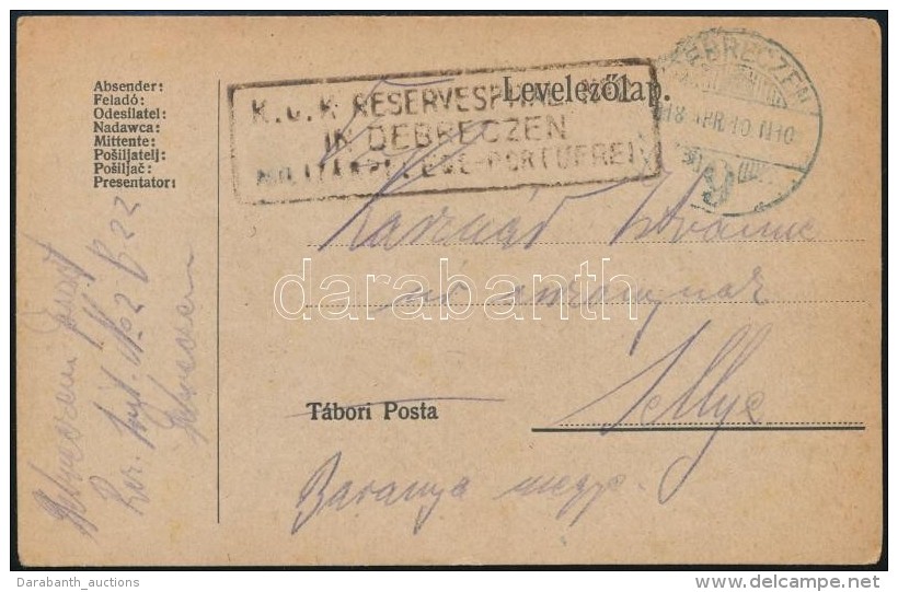 1918 T&aacute;bori Posta LevelezÅ‘lap 'K.u.k. RESERVESPITAL IN DEBRECZEN' - Otros & Sin Clasificación