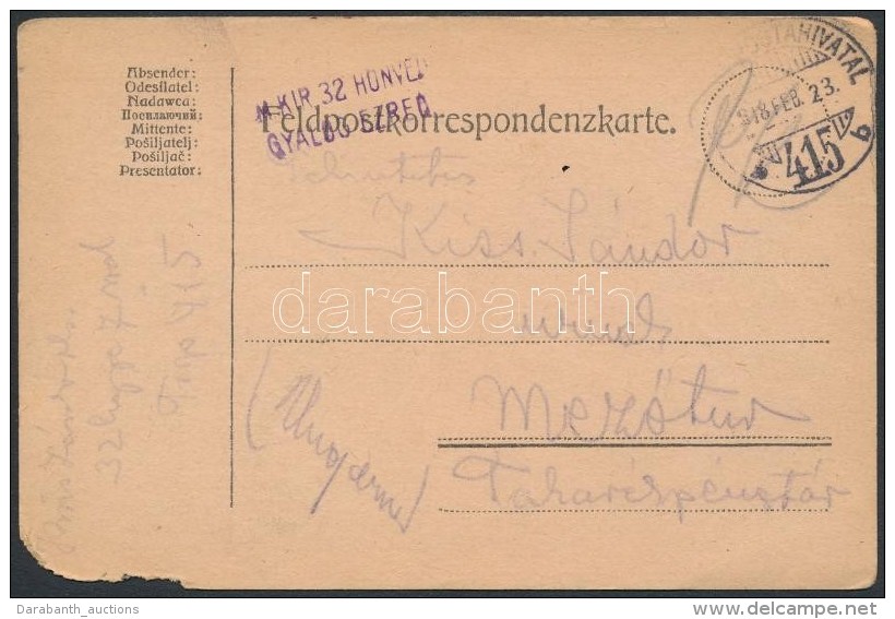 1918 T&aacute;bori Posta LevelezÅ‘lap 'M.KIR.32. HONV&Eacute;D GYALOG EZRED' + 'TP 415 B' - Altri & Non Classificati