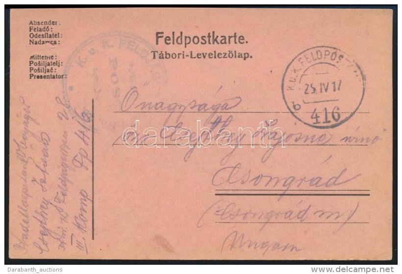 1917 T&aacute;bori Posta LevelezÅ‘lap 'K.u.k. FELDJ&Auml;GER BAON No.28.' + 'FP 416 B' - Otros & Sin Clasificación