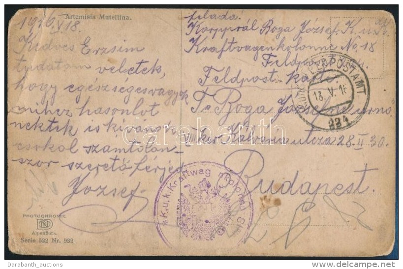 1916 T&aacute;bori Posta K&eacute;peslap 'K.u.k. Kraftwagenkolonne No.18.' + 'FP 224' - Other & Unclassified