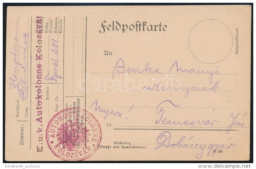 1915 T&aacute;bori Posta LevelezÅ‘lap 'K.u.k. Autokolonne Kolozsv&aacute;r' - Other & Unclassified