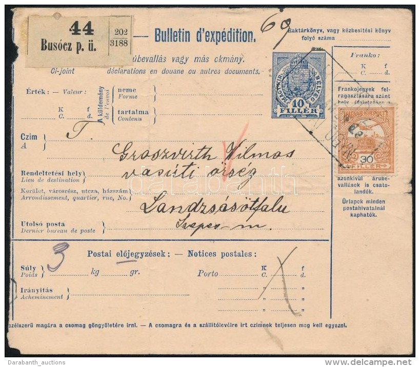 1915 Csomagsz&aacute;ll&iacute;t&oacute; Turul 30f B&eacute;rmentes&iacute;t&eacute;ssel 'BUS&Oacute;CZ'... - Other & Unclassified