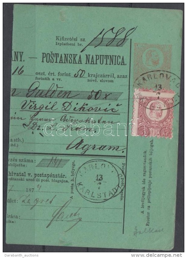 1874 R&eacute;znyomat 5kr D&iacute;jjegyes P&eacute;nzutalv&aacute;ny Darabon / On PS-money Order Piece 'KARLOVAC... - Otros & Sin Clasificación