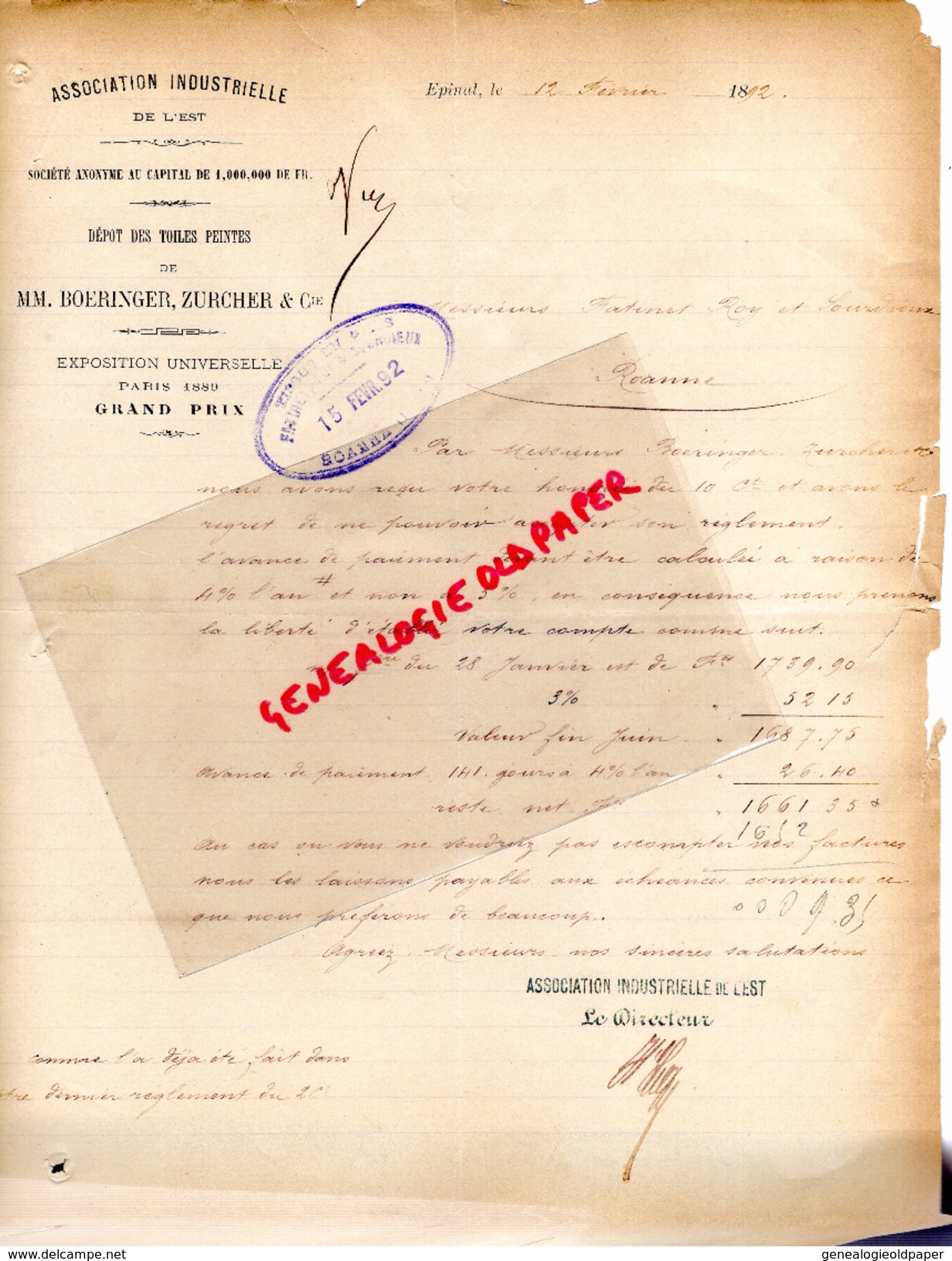 88 - EPINAL - LETTRE MANUSCRITE SIGNEE C. BERNHEIM - PARIS- 40 RUE DES JEUNEURS- 1892 A M. FATINET ROY SOURDIEU ROANNE - Old Professions