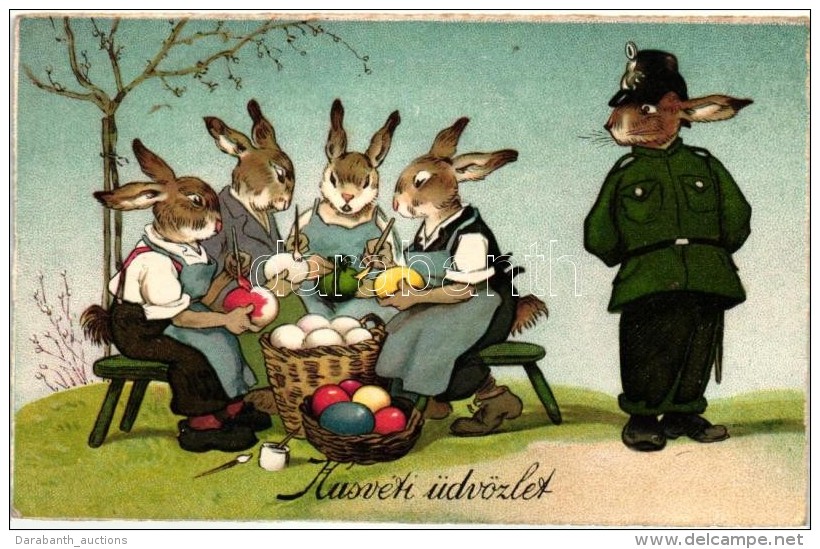 T2/T3 H&uacute;sv&eacute;ti &uuml;dv&ouml;zlet / Easter Greeting Card With Rabbits Painting Eggs, Litho - Unclassified