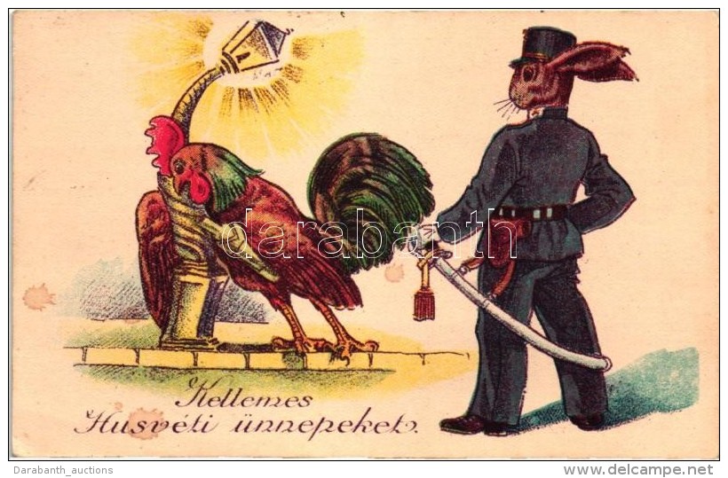 T2/T3 Kellemes H&uacute;sv&eacute;ti &Uuml;nnepeket! / Easter Greeting Card With Drunken Rooster Leaning On A Lamp... - Unclassified