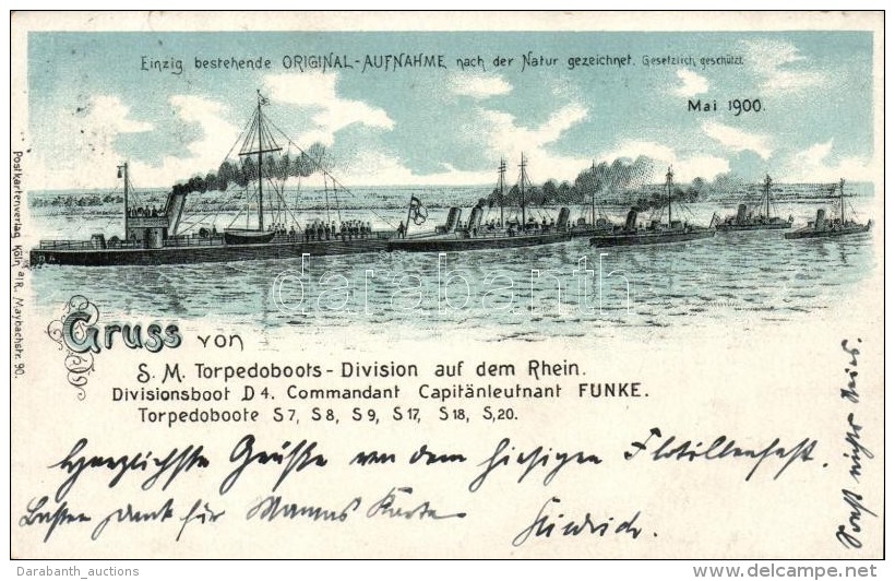 T2/T3 1900 Gruss Von S. M. Torpedoboots-Division Auf Dem Rhein, Divisionsboot D4, Torpedoboote, Litho - Non Classificati