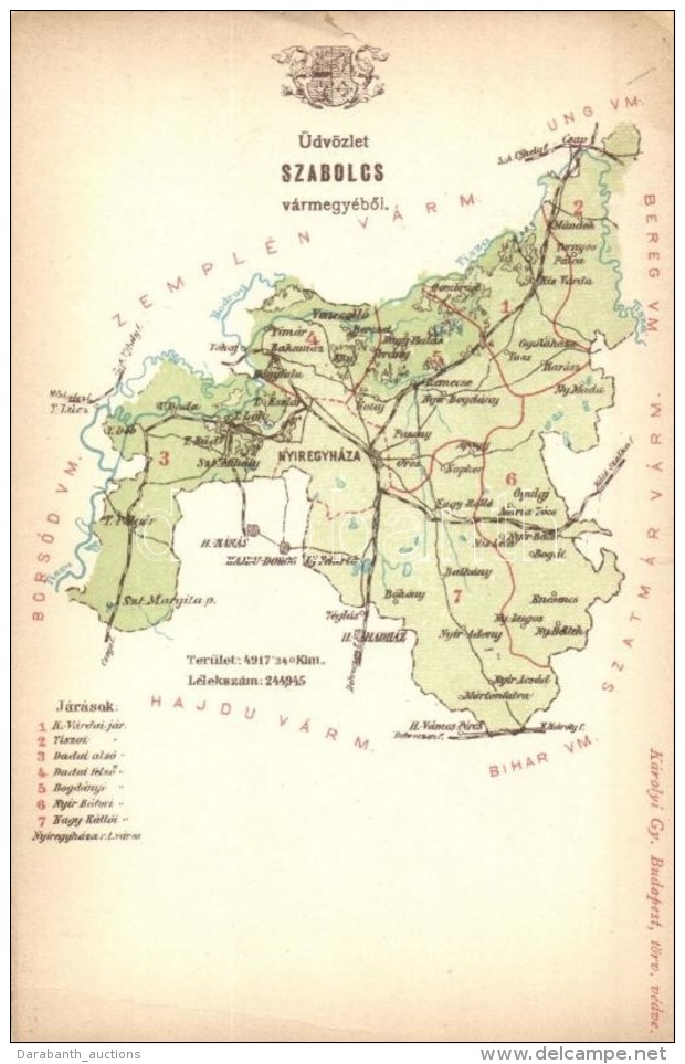 ** T4 Szabolcs V&aacute;rmegye T&eacute;rk&eacute;pe; Kiadja K&aacute;rolyi Gy. / Map Of Szabolcs County (b) - Sin Clasificación