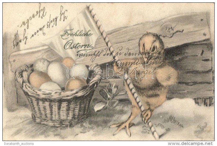 T2 Fr&ouml;hliche Ostern / Easter, Chicken With Flag, Litho - Unclassified