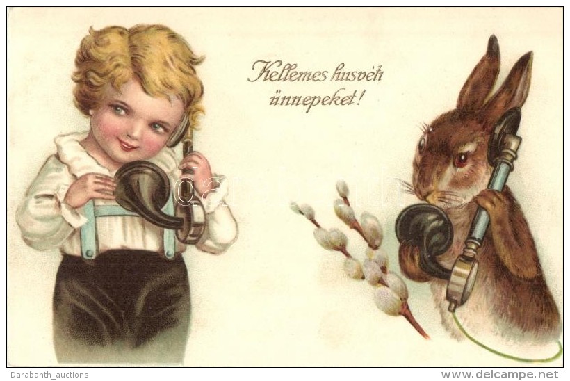 T2 Kellemes H&uacute;sv&eacute;ti &Uuml;nnepeket / Easter Greeting Art Postcard, Rabbit With Telephone. WSSB 8206.... - Unclassified