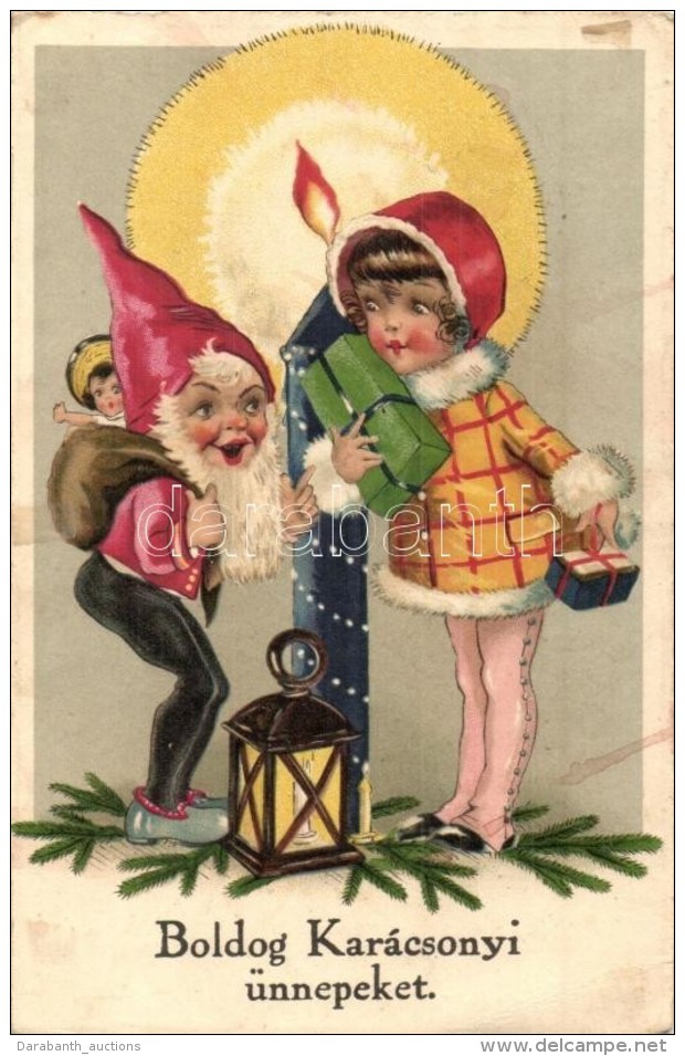 * T2/T3 Boldog Kar&aacute;csonyi &Uuml;nnepeket! / Christmas, Dwarf With Girl. Erika Nr. 5104. Litho  (EK) - Non Classificati