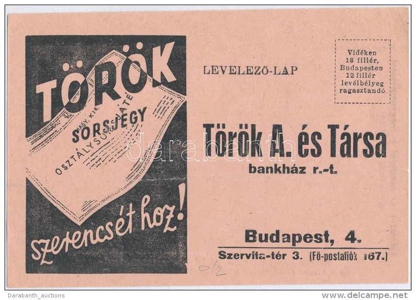 ~1940. 'T&ouml;r&ouml;k A. &eacute;s T&aacute;rsa Bankh&aacute;z R.T.' Kit&ouml;ltetlen LevelezÅ‘lapos... - Sin Clasificación