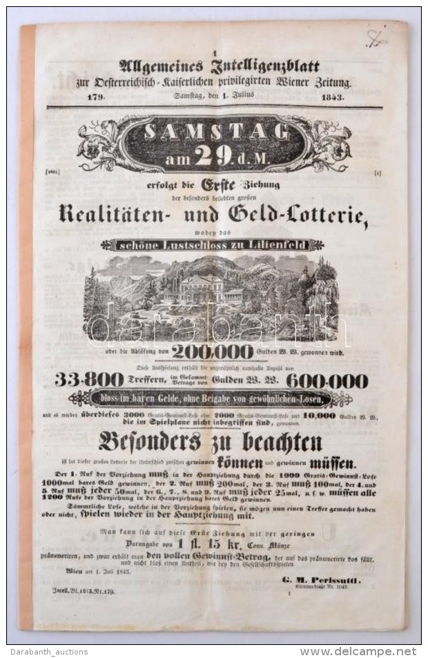 Ausztria / B&eacute;cs 1843. 'Allgemeines Intelligenzblatt' Szerencsej&aacute;t&eacute;kokkal Foglalkoz&oacute;... - Sin Clasificación