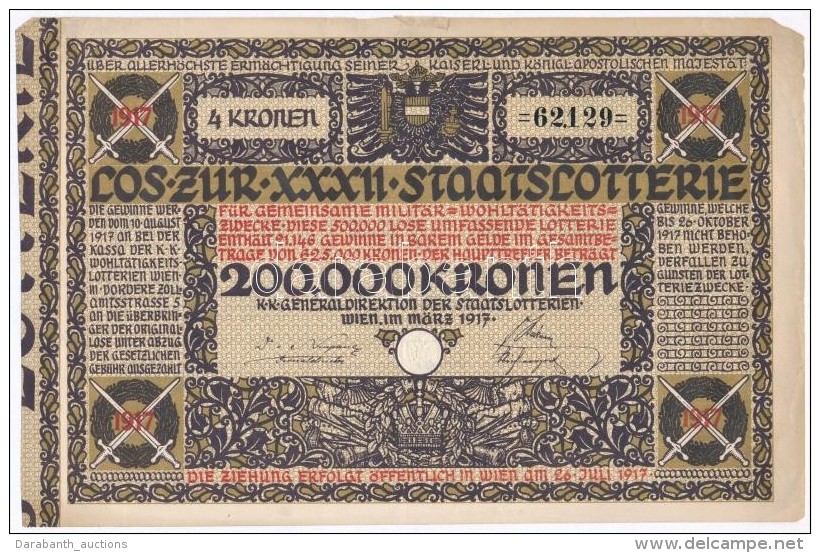 Ausztria / B&eacute;cs 1917. 'XXXII. Staatslotterie' Lott&oacute; Sorsjegy 4K &eacute;rt&eacute;kben,... - Sin Clasificación