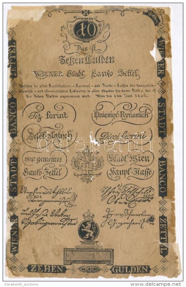 1806. 10G V&iacute;zjellel, Sz&aacute;razpecs&eacute;t T:IV,V Ragasztott
Austrian Empire 1806. 10 Gulden With... - Unclassified