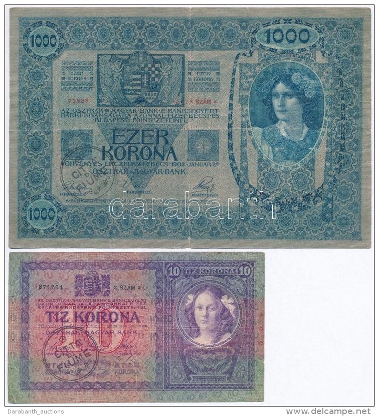 1904. 10K + 1902. 1000K MindkettÅ‘ Hamis 'Citta Di Fiume' Fel&uuml;lb&eacute;lyegz&eacute;ssel (fake Overprint)... - Sin Clasificación